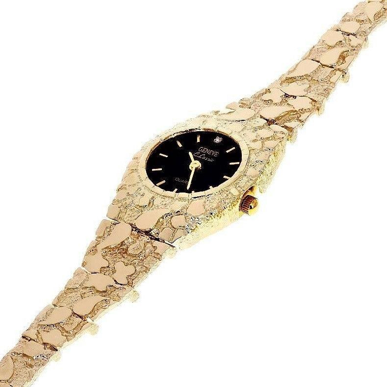 Womens Watch 14k Yellow Gold Nugget Link Bracelet Geneve Wrist Watch with Diamond 7-7.5 29.1 grams - Jewelry Store by Erik Rayo
