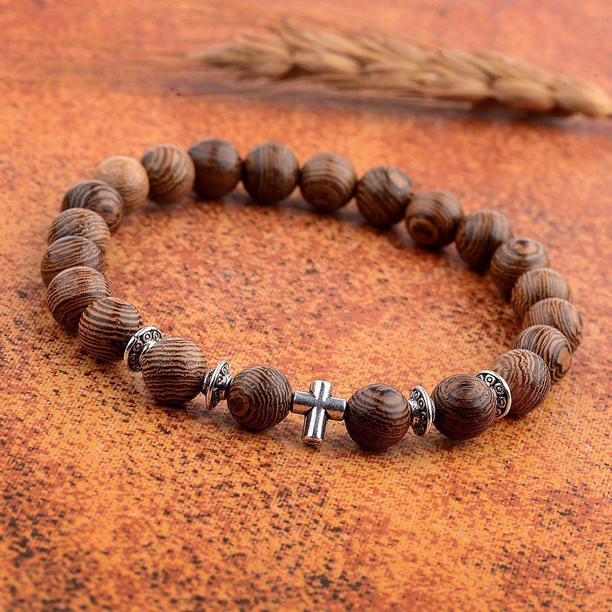 Wood Bracelet with Cross Christian Bead Wristlet - Jewelry Store by Erik Rayo