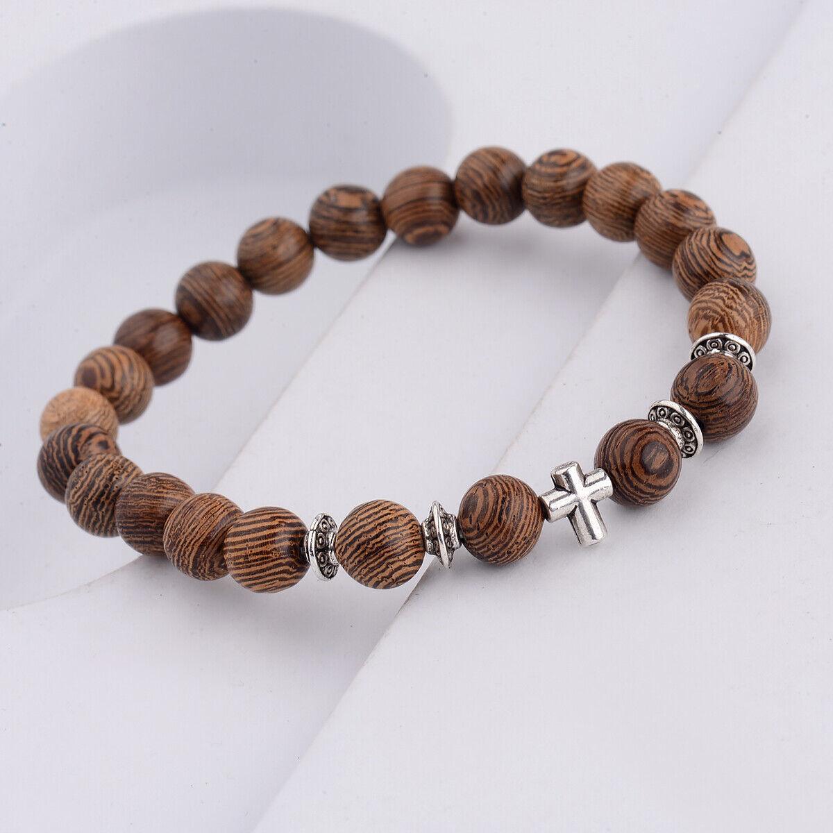 Wood Bracelet with Cross Christian Bead Wristlet - Jewelry Store by Erik Rayo