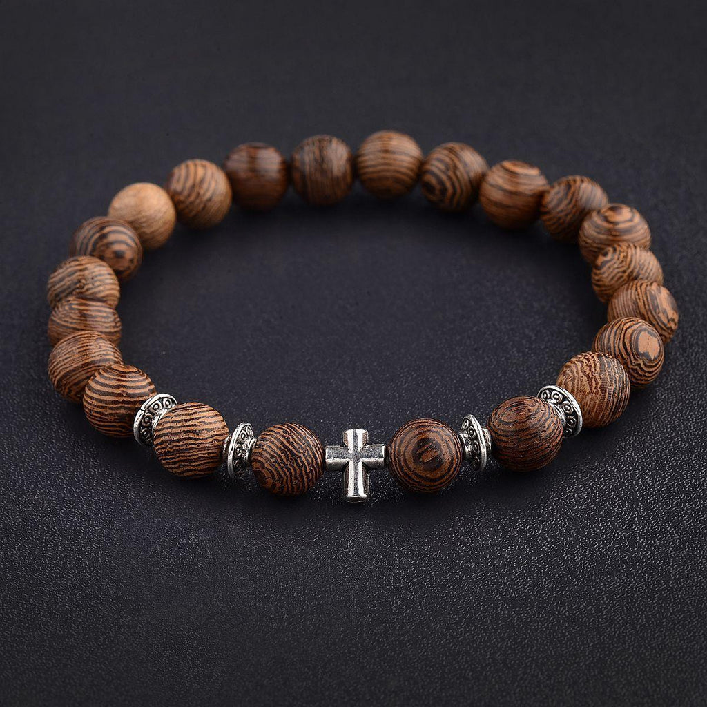 Wood Bracelet with Cross Christian Bead Wristlet - Jewelry Store by Erik Rayo