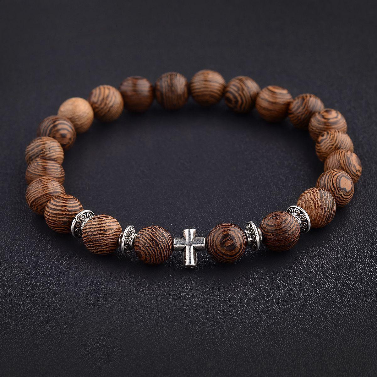 Wood Bracelet with Cross Christian Bead Wristlet - Jewelry Store by Erik Rayo