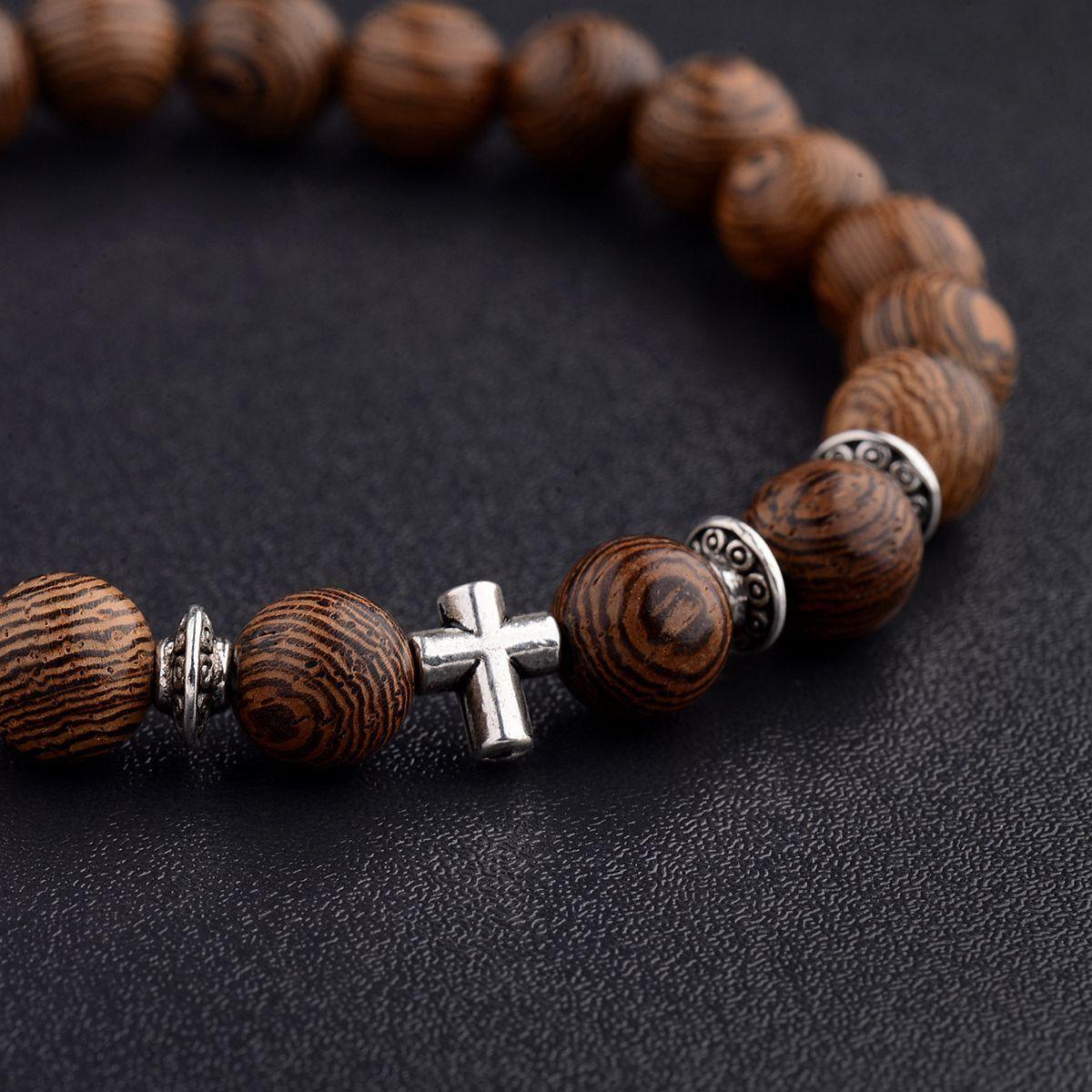 Wood Bracelet with Cross Christian Bead Wristlet - Jewelry Store by Erik Rayo