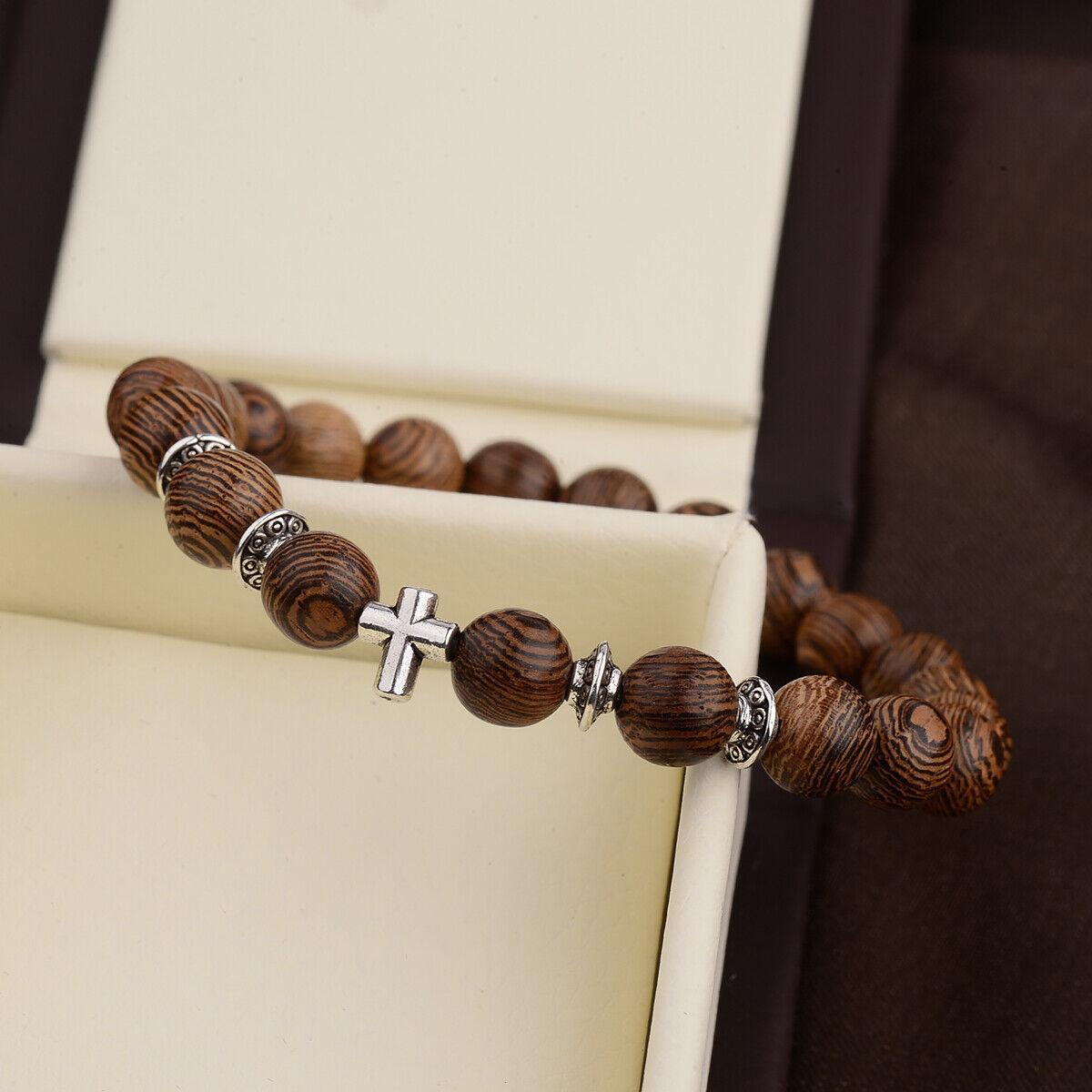 Wood Bracelet with Cross Christian Bead Wristlet - Jewelry Store by Erik Rayo