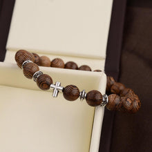 Load image into Gallery viewer, Wood Bracelet with Cross Christian Bead Wristlet - Jewelry Store by Erik Rayo
