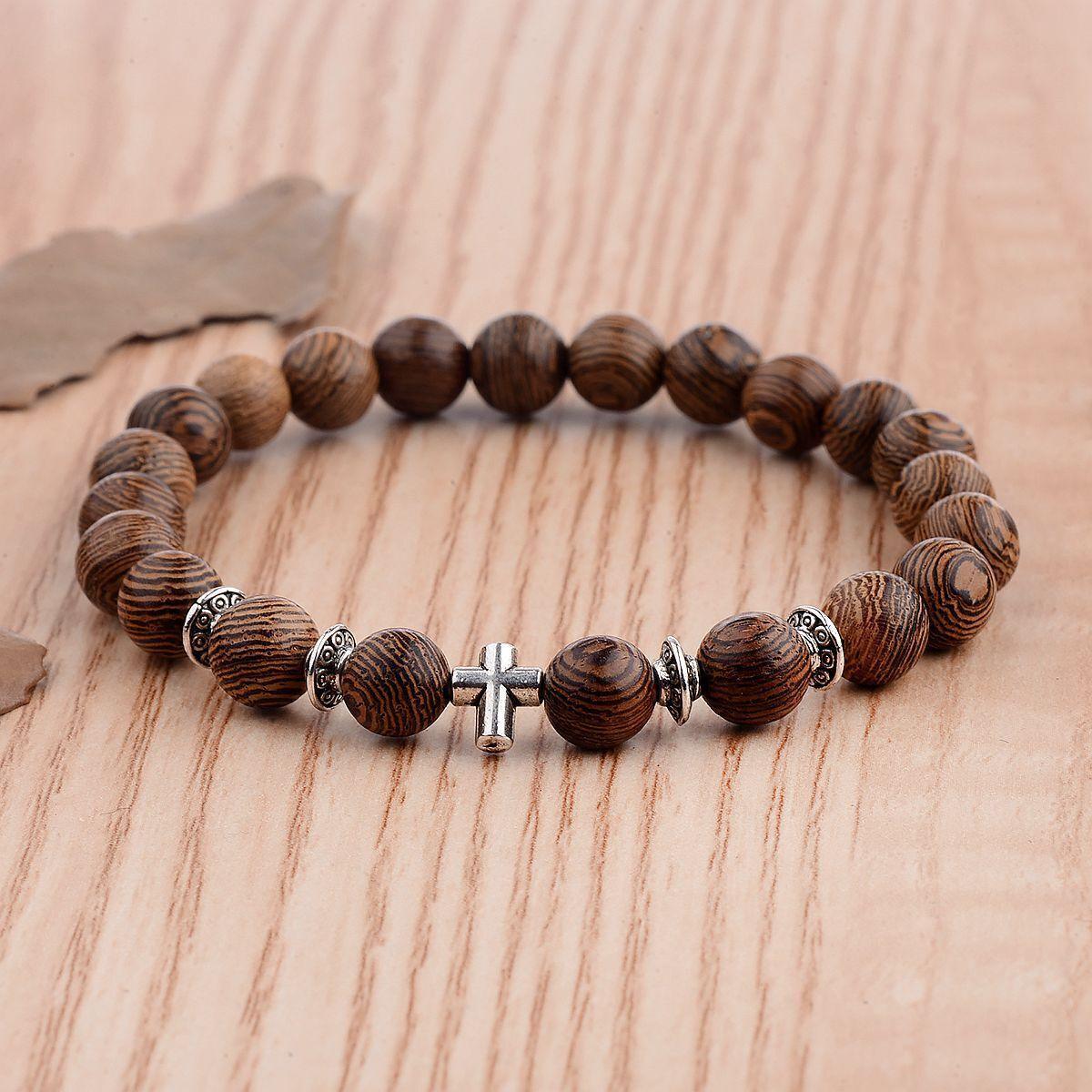 Wood Bracelet with Cross Christian Bead Wristlet - Jewelry Store by Erik Rayo