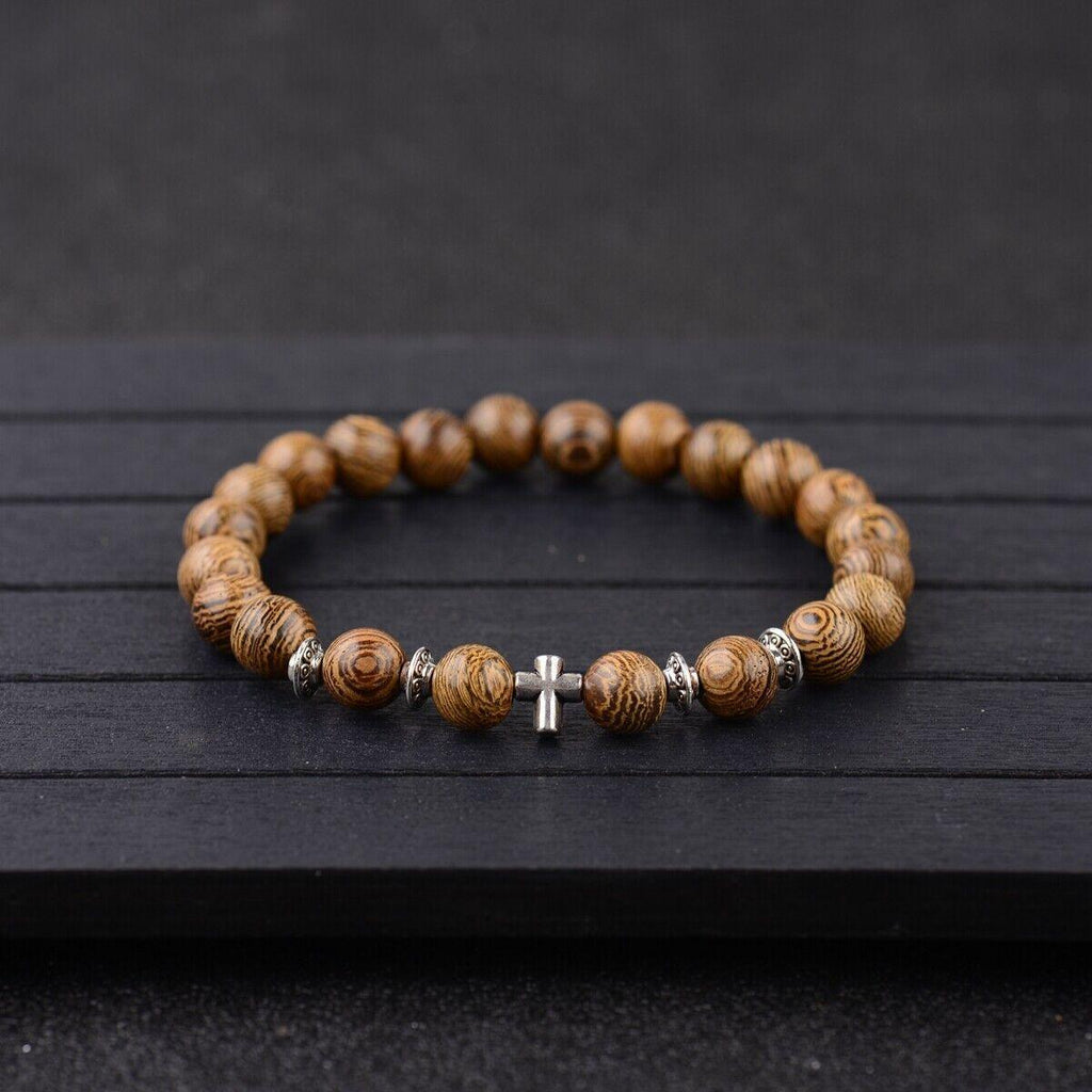 Wood Bracelet with Cross Christian Bead Wristlet - Jewelry Store by Erik Rayo