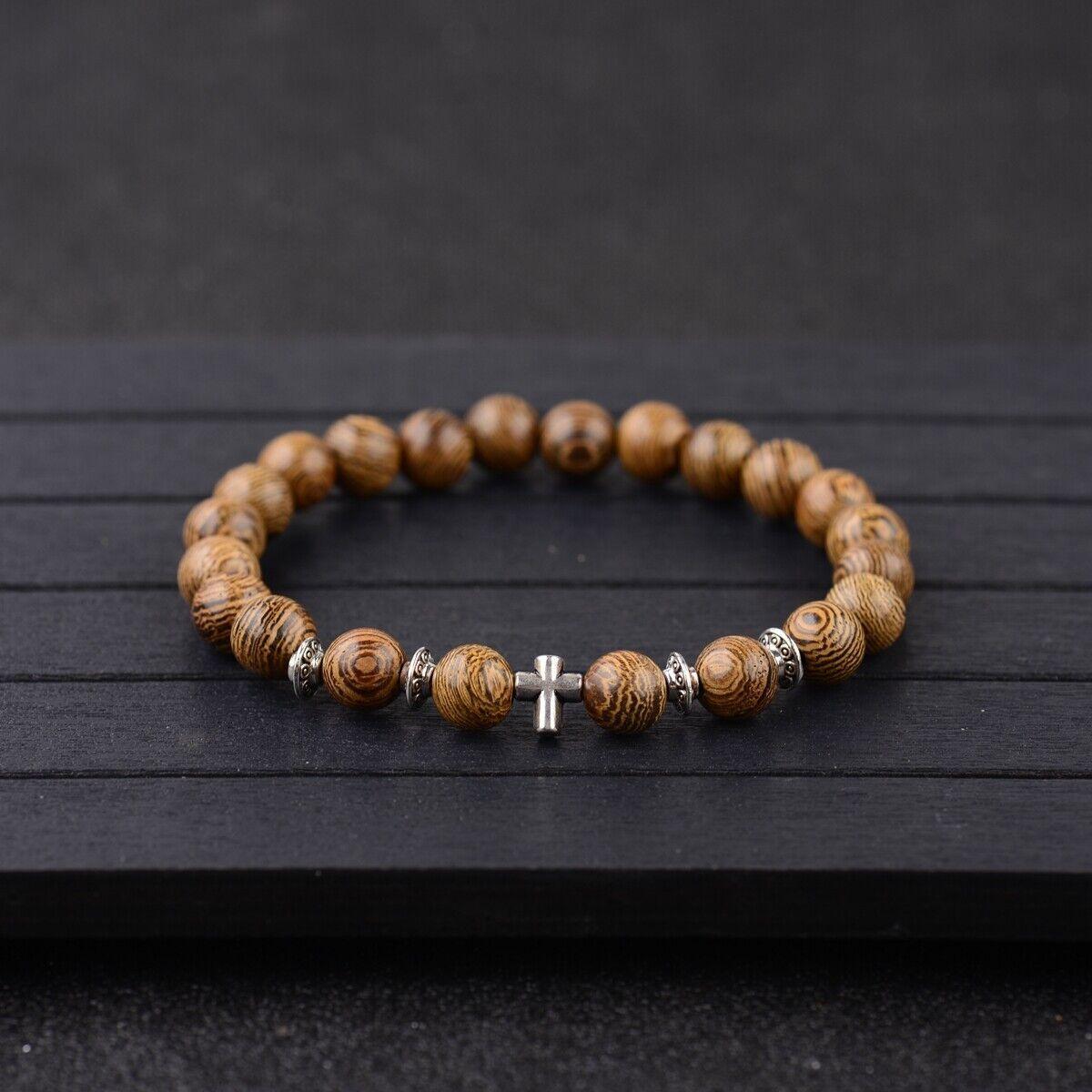 Wood Bracelet with Cross Christian Bead Wristlet - Jewelry Store by Erik Rayo