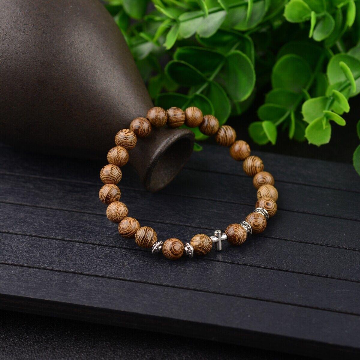Wood Bracelet with Cross Christian Bead Wristlet - Jewelry Store by Erik Rayo