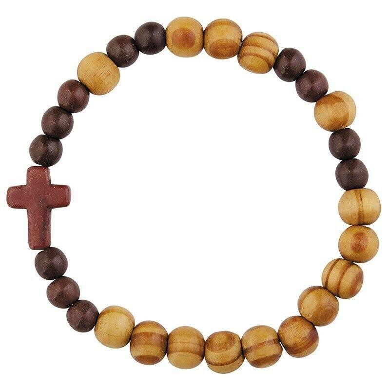 Wood Bracelet with Cross Christian Bead Wristlet Olive Wood 15mm Stone Cross Stretch Cord 7.5 - Jewelry Store by Erik Rayo