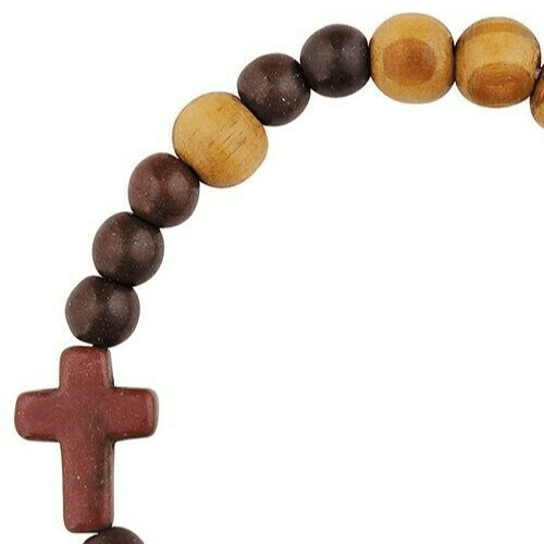 Wood Bracelet with Cross Christian Bead Wristlet Olive Wood 15mm Stone Cross Stretch Cord 7.5 - Jewelry Store by Erik Rayo