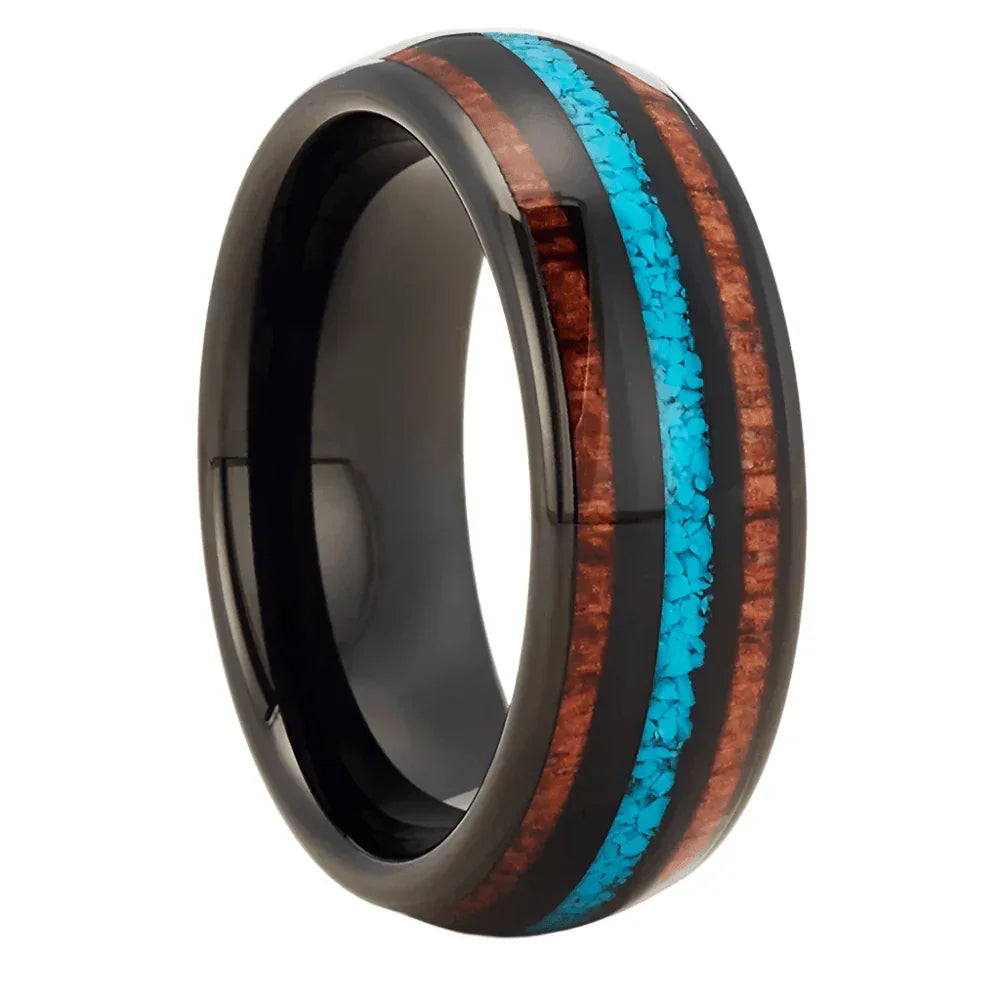 Men's Wedding Band Ring with Koa Wood and Crushed Turquoise - Perfect for Weddings and Special Occasions - Jewelry Store by Erik Rayo