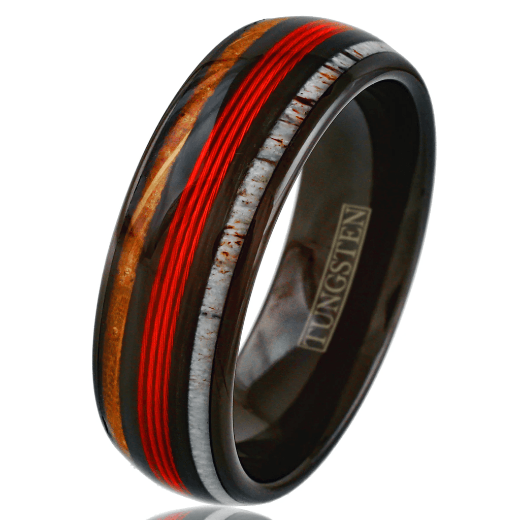 Red Fishing Line Tungsten Carbide Wedding Band Ring for Men & Women – Whiskey Barrel Oak Wood & Deer Antler Inlays - Jewelry Store by Erik Rayo