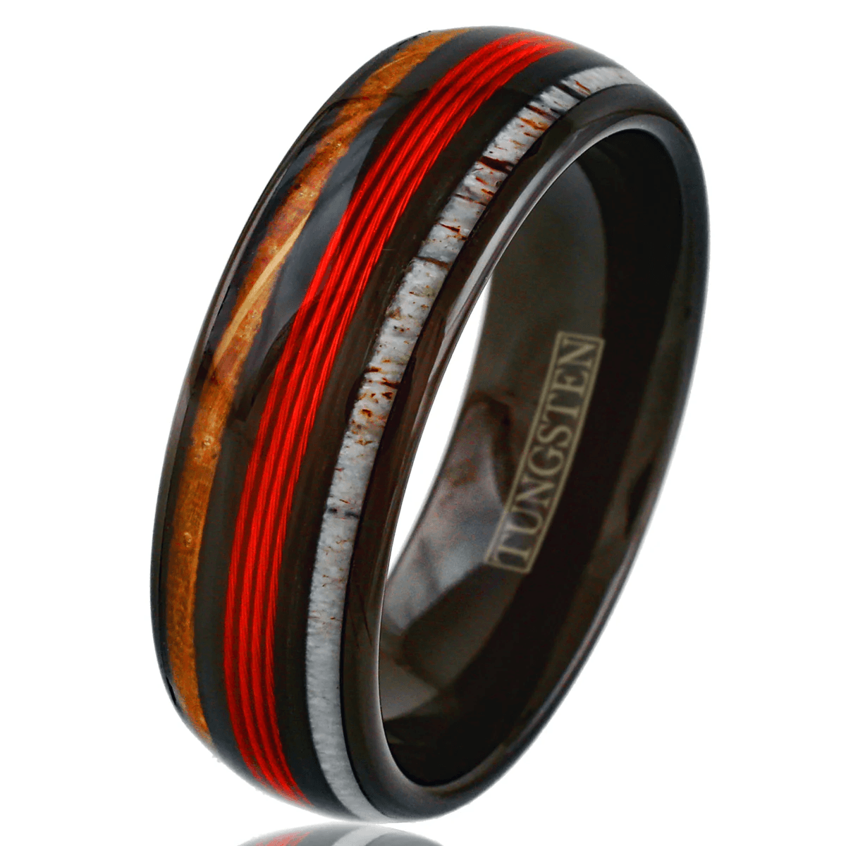 Red Fishing Line Tungsten Carbide Wedding Band Ring for Men & Women – Whiskey Barrel Oak Wood & Deer Antler Inlays - Jewelry Store by Erik Rayo