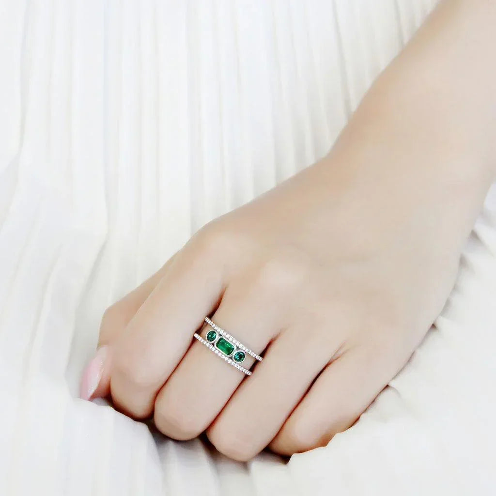 Silver Rings for Women 316L Stainless Steel DA348 - Glass in Synthetic Emerald - Jewelry Store by Erik Rayo