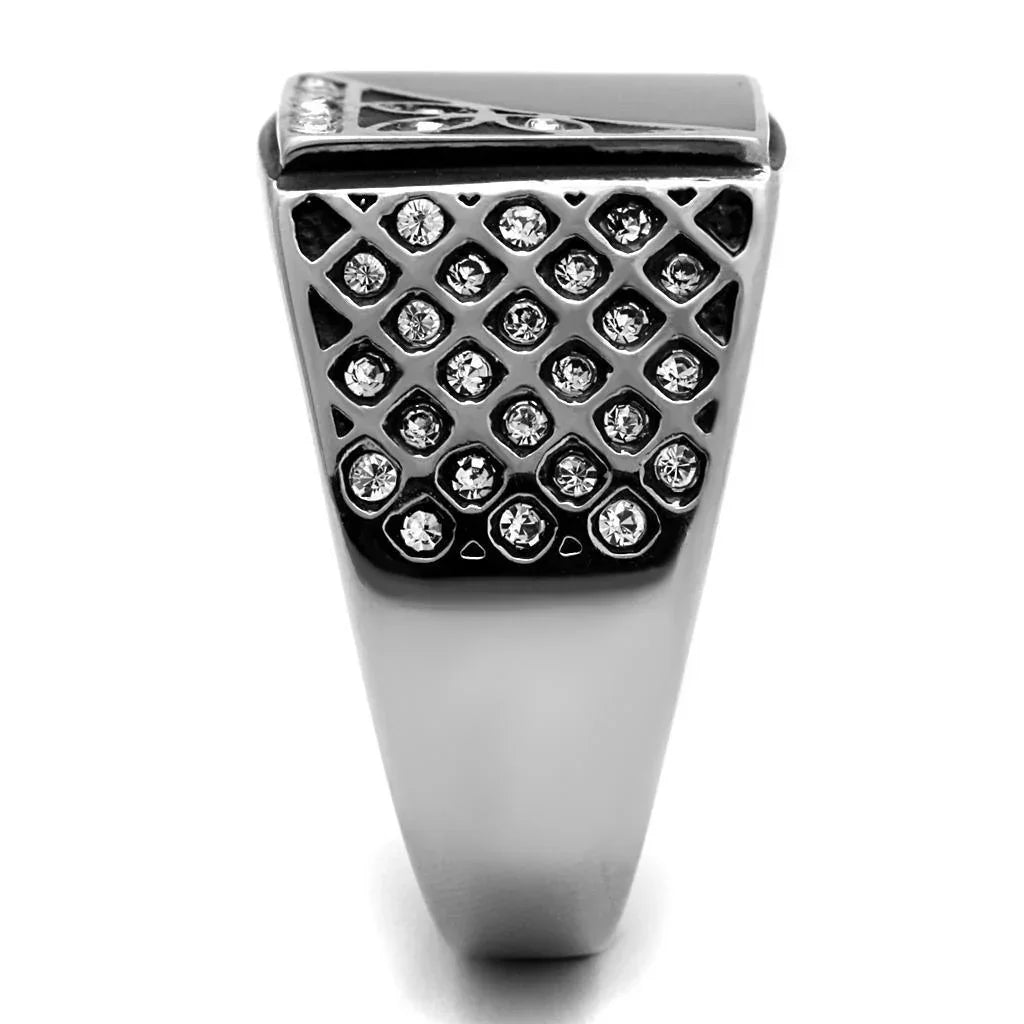 Rings for Men Silver Stainless Steel TK711 with Top Grade Crystal in Clear - Jewelry Store by Erik Rayo