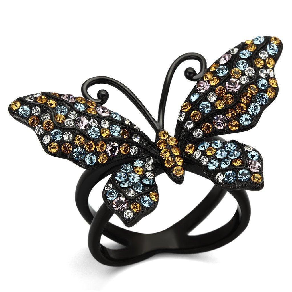 Anillos Para Mujer Color Negro de 316L Acero Inoxidable con Piedra Crystal en Multicolor Capri con Mariposa - Jewelry Store by Erik Rayo
