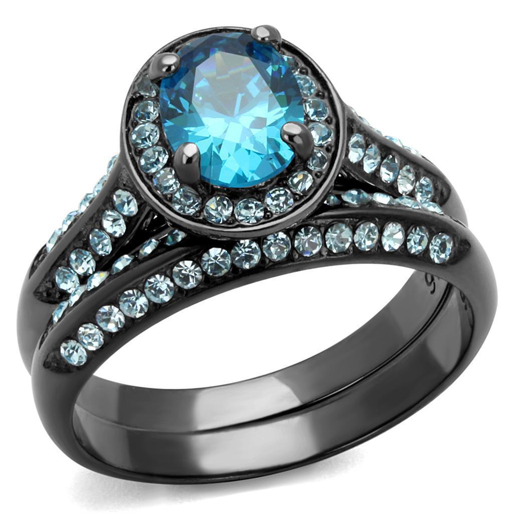 Anillos Para Mujer Color Negro y Aguamarina de 316L Acero Inoxidable con Diamante Zirconia Cubica Azul Mar Abi - Jewelry Store by Erik Rayo