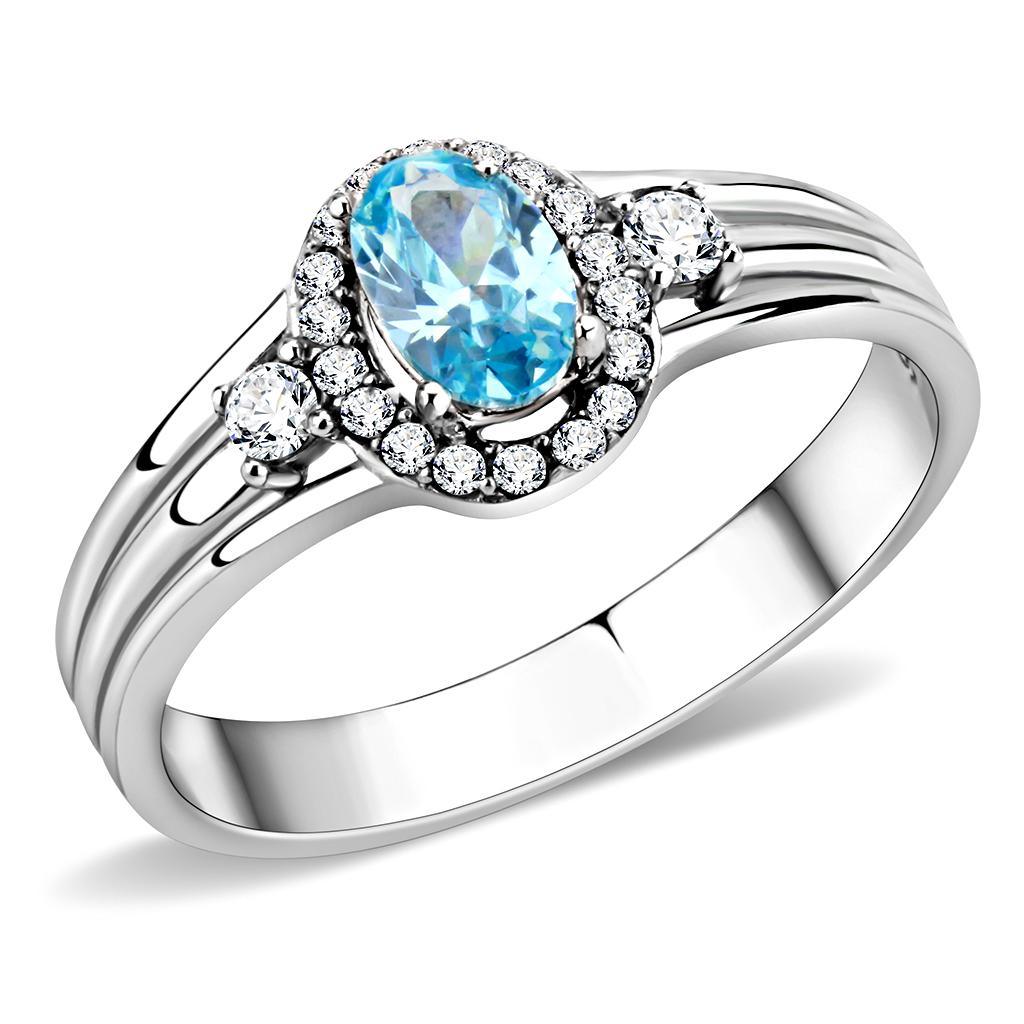 Silver Rings for Women 316L Stainless Steel DA166 - AAA Grade Cubic Zirconia in Sea Blue