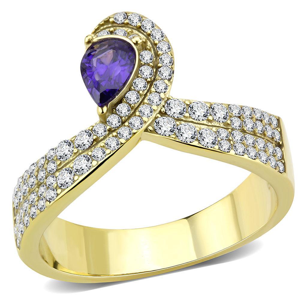 Gold Rings for Women 316L Stainless Steel DA304 - AAA Grade Cubic Zirconia in Tanzanite