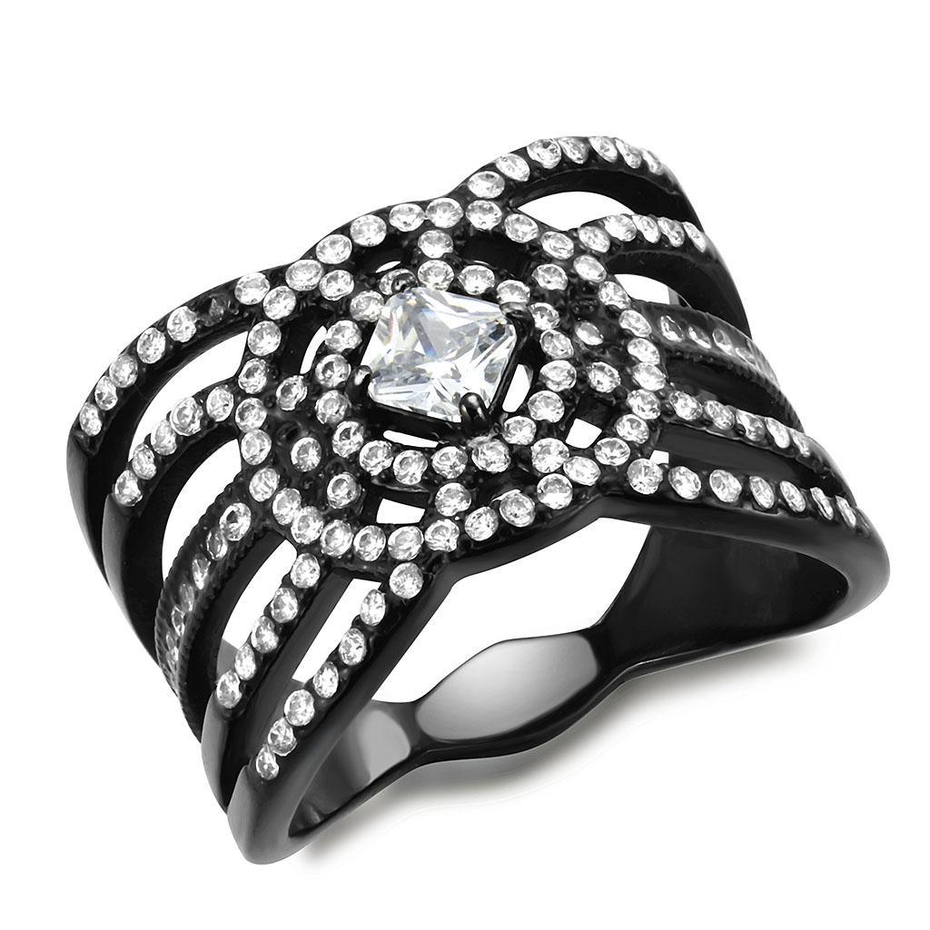 Black Rings for Women 316L Stainless Steel DA363 - AAA Grade Cubic Zirconia in Clear