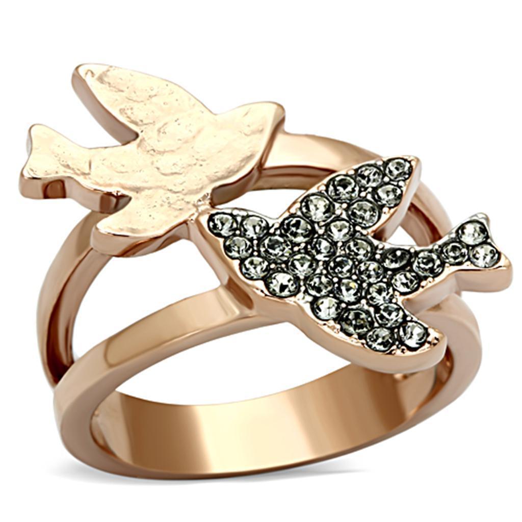 Rose Gold Birds Ring Anillo Para Mujer y Hombre 316L con Piedra Crystal Diamante Negro - Jewelry Store by Erik Rayo