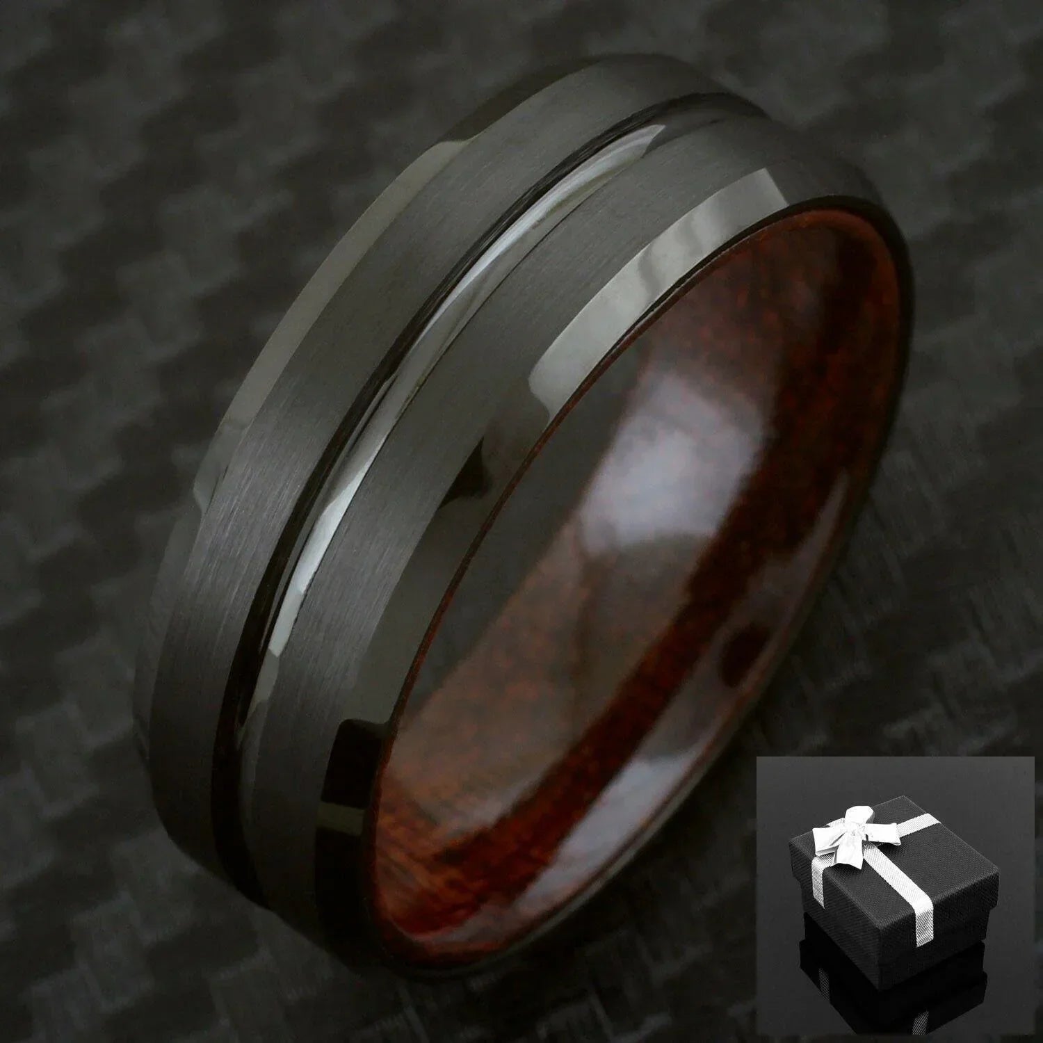 Men's Wedding Band Ring - Black Grooved Line with Koa Wood Inlay - Perfect for Weddings and Special Occasions - Jewelry Store by Erik Rayo
