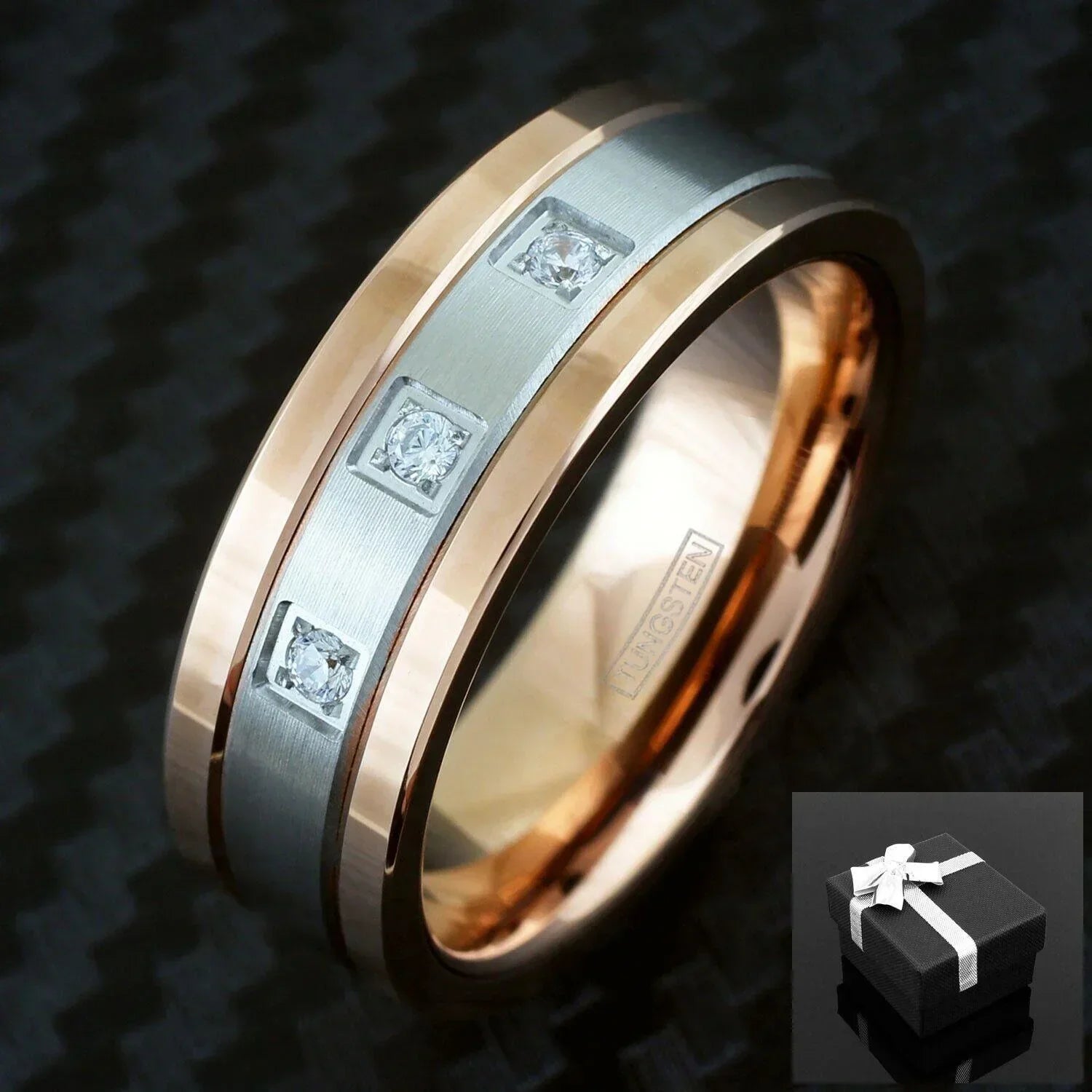 Men's Wedding Band Ring - Rose Gold & Silver with Center Stripe, 0.15 Carat CZ - Perfect for Weddings & Anniversaries - Jewelry Store by Erik Rayo