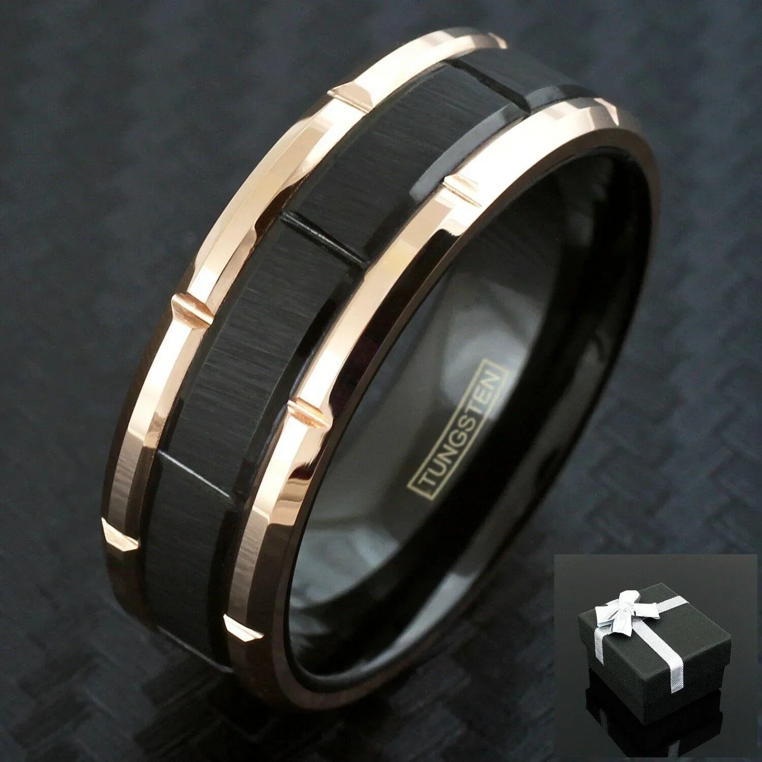 Men's Wedding Band - Black Brushed with Rose Gold Plated Edge - Grooved Design - Rings for Men and Women - Jewelry Store by Erik Rayo