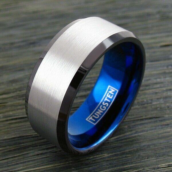 Men's Wedding Band Ring 10mm Silver Brushed Center Blue Inner - Wedding Rings for Men and Women - Jewelry Store by Erik Rayo