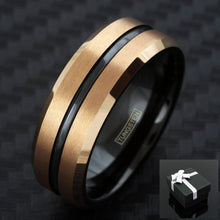 Load image into Gallery viewer, Men&#39;s Wedding Band Ring - Brushed Rose Gold Plated with Black Stripe - Wedding Rings for Men and Women
