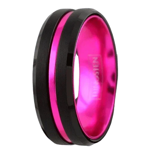6mm Black Tungsten Carbide Wedding Band Ring for Men & Women – Pink Stripe Design - Jewelry Store by Erik Rayo