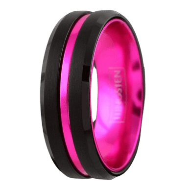 Mens Wedding Band 6mm Black Pink Stripe Ring for Men and Women