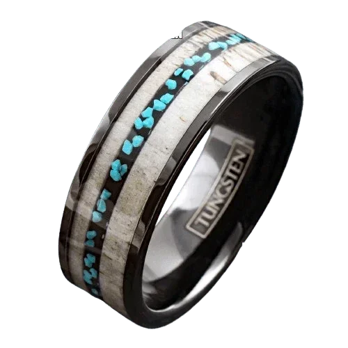 Men's Black Tungsten Carbide Wedding Band with Deer Antler and Turquoise Inlay - Men's Wedding Ring - Women's Wedding Ring - Jewelry Store by Erik Rayo