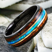 Load image into Gallery viewer, Men&#39;s Black Tungsten Wedding Band with Koa Wood and Blue Opal Stripe - Men&#39;s Rings for Weddings
