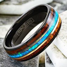 Load image into Gallery viewer, Men&#39;s Black Tungsten Wedding Band with Koa Wood and Blue Opal Stripe - Men&#39;s Rings for Weddings
