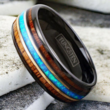 Load image into Gallery viewer, Men&#39;s Black Tungsten Wedding Band with Koa Wood and Blue Opal Stripe - Men&#39;s Rings for Weddings
