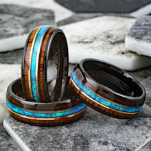 Load image into Gallery viewer, Men&#39;s Black Tungsten Wedding Band with Koa Wood and Blue Opal Stripe - Men&#39;s Rings for Weddings
