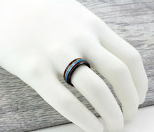 Load image into Gallery viewer, Men&#39;s Black Tungsten Wedding Band with Koa Wood and Blue Opal Stripe - Men&#39;s Rings for Weddings
