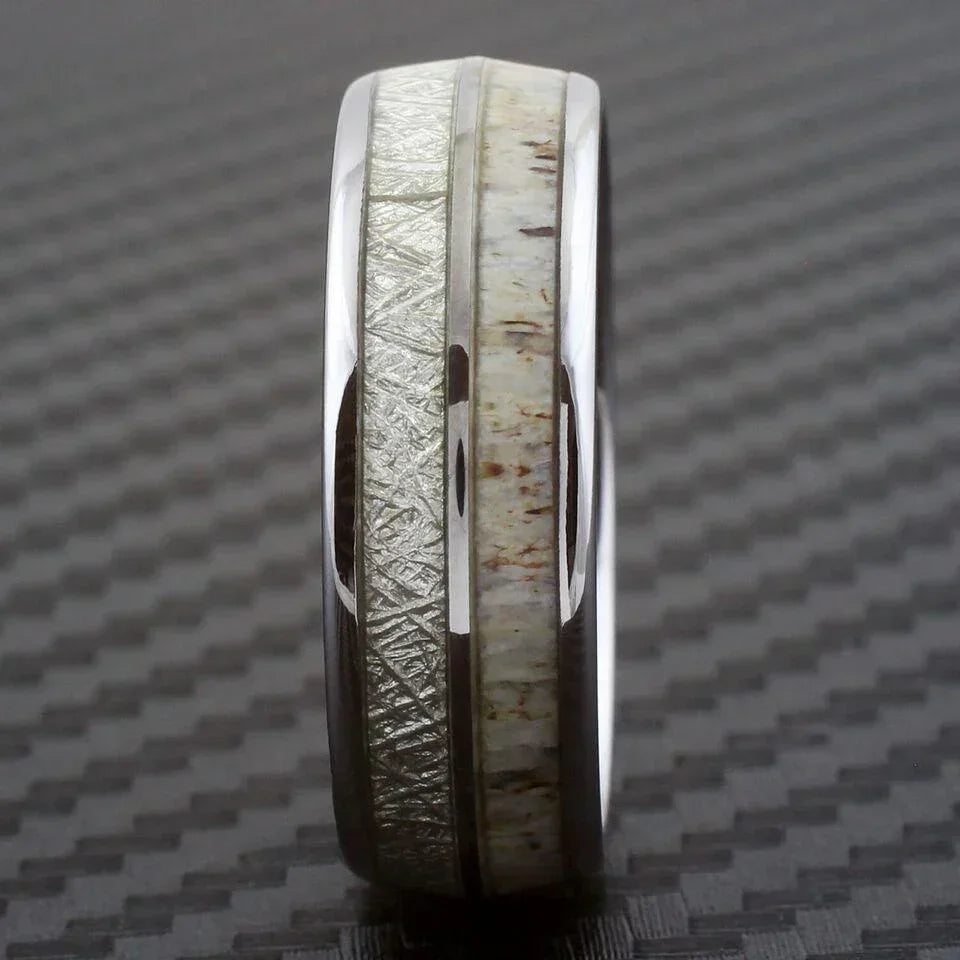 Silver Tungsten Carbide Wedding Band Ring for Men & Women – Deer Antler & White Meteorite Inlay Design - Jewelry Store by Erik Rayo
