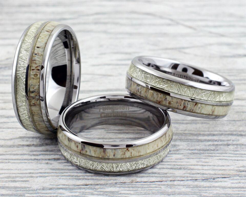 Silver Tungsten Carbide Wedding Band Ring for Men & Women – Deer Antler & White Meteorite Inlay Design