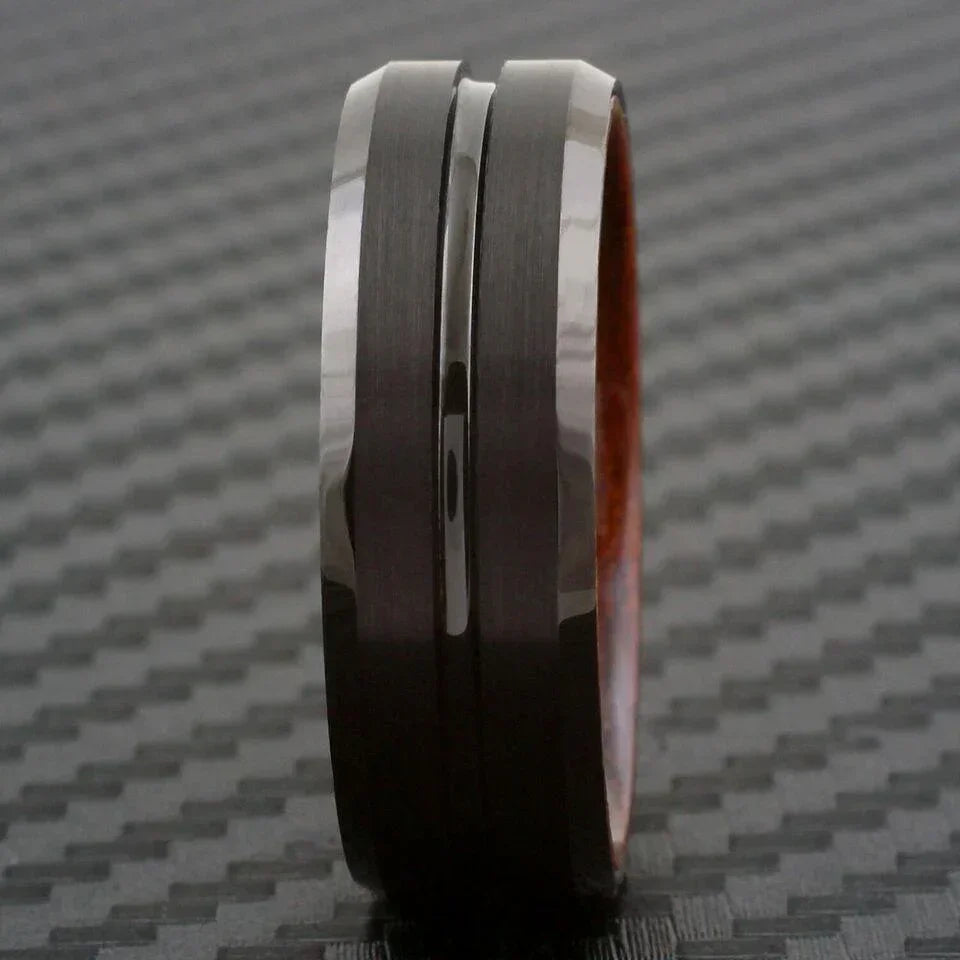Men's Wedding Band Ring - Black Grooved Line with Koa Wood Inlay - Perfect for Weddings and Special Occasions - Jewelry Store by Erik Rayo