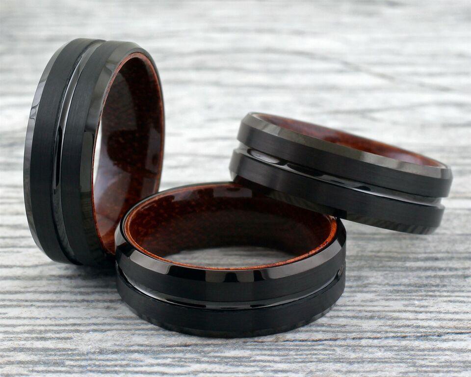 Men's Wedding Band Ring - Black Grooved Line with Koa Wood Inlay - Perfect for Weddings and Special Occasions - Jewelry Store by Erik Rayo