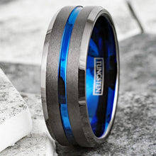 Load image into Gallery viewer, Men&#39;s Wedding Band Ring Gunmetal Deep Grey with Blue Line - Wedding Rings for Men and Women
