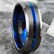 Load image into Gallery viewer, Men&#39;s Wedding Band Ring Gunmetal Deep Grey with Blue Line - Wedding Rings for Men and Women
