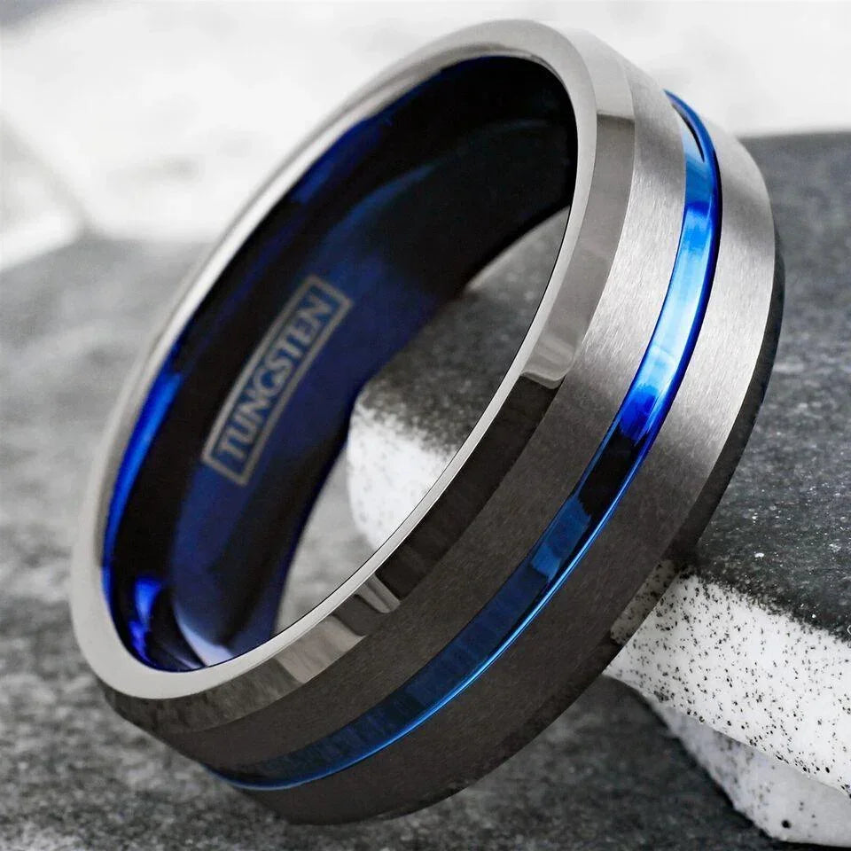 Men's Wedding Band Ring Gunmetal Deep Grey with Blue Line - Wedding Rings for Men and Women - Jewelry Store by Erik Rayo