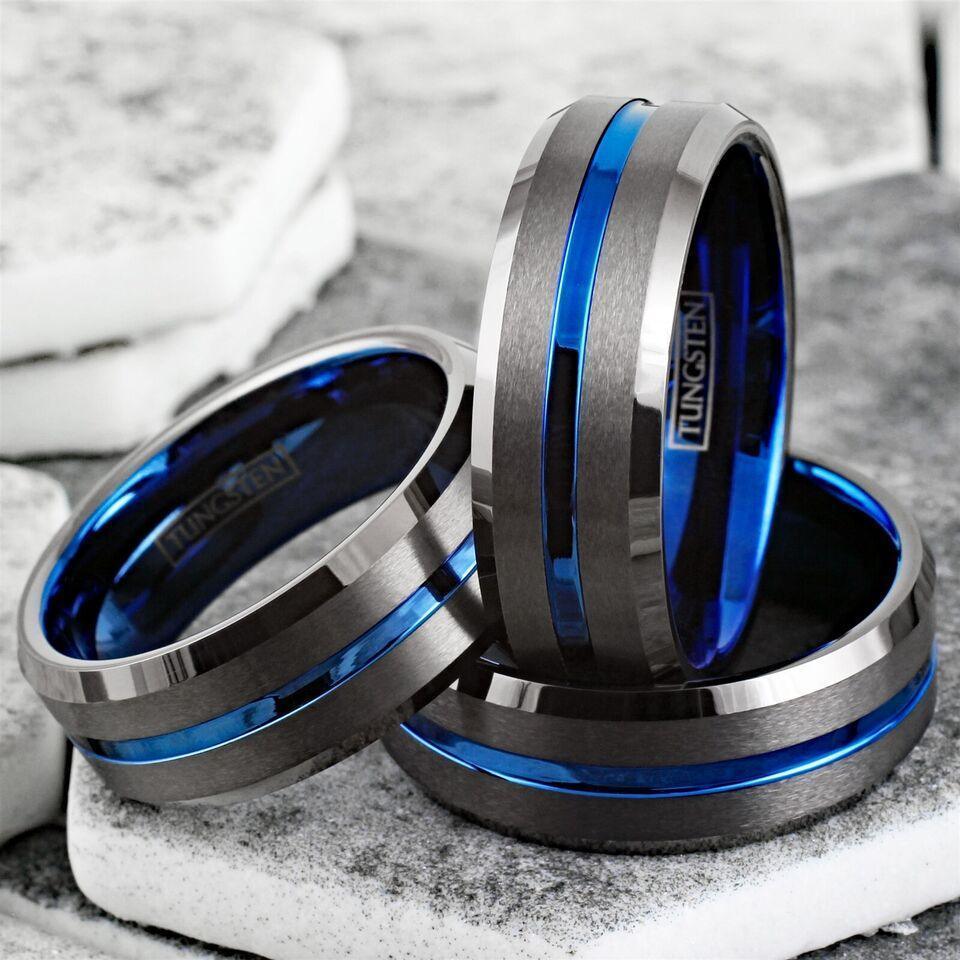 Men's Wedding Band Ring Gunmetal Deep Grey with Blue Line - Wedding Rings for Men and Women - Jewelry Store by Erik Rayo