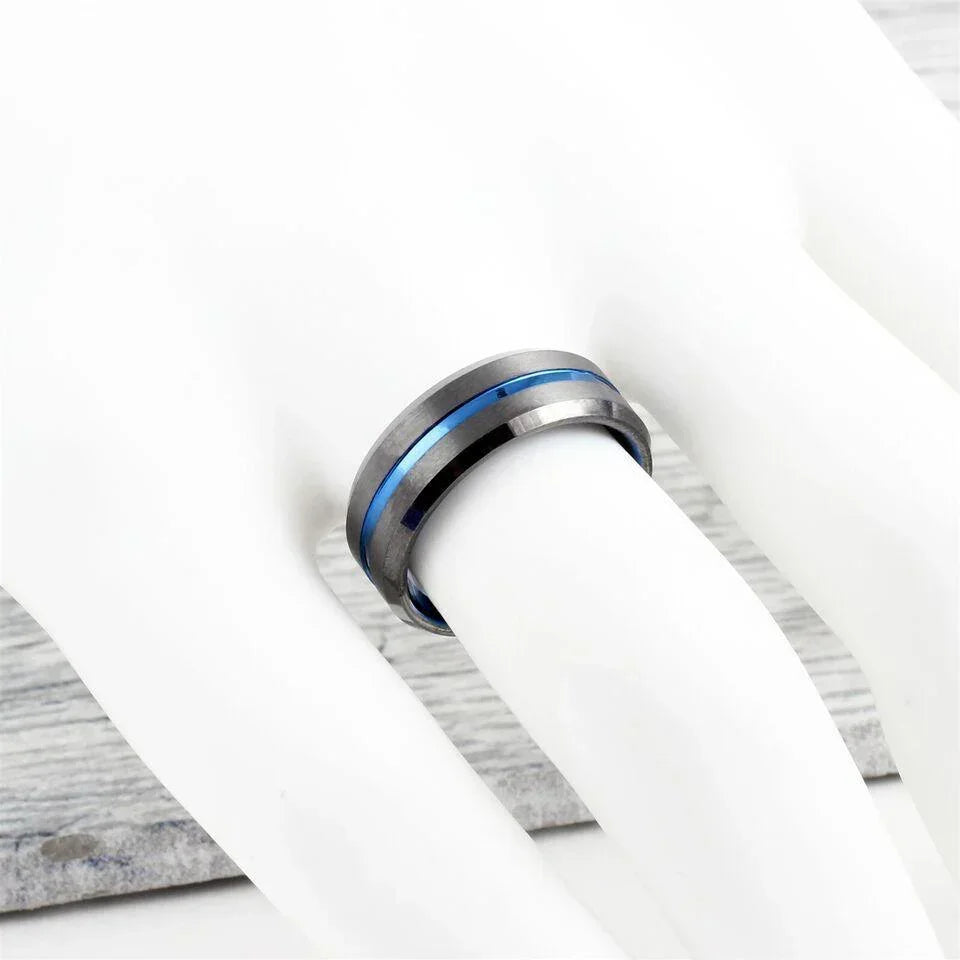 Men's Wedding Band Ring Gunmetal Deep Grey with Blue Line - Wedding Rings for Men and Women - Jewelry Store by Erik Rayo