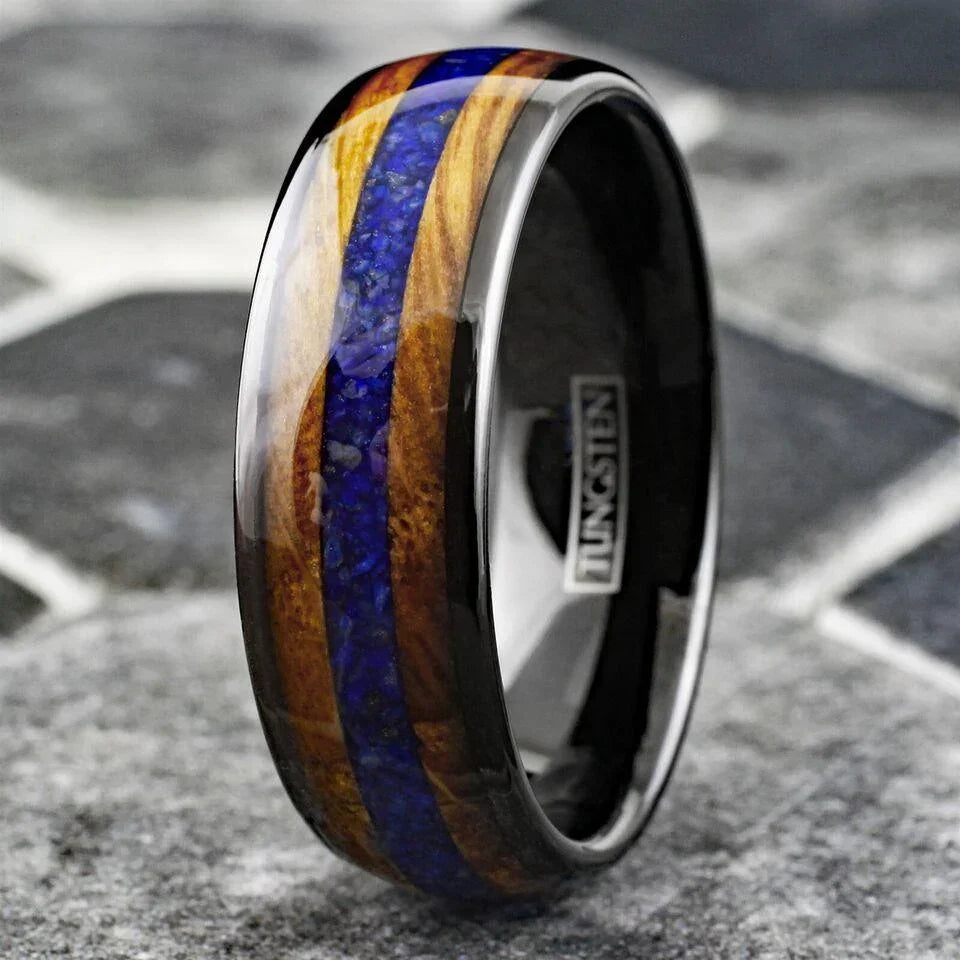 Men's Wedding Band Ring - Black Blue Lapis Lazuli & Whiskey Barrel - Wedding Rings for Men and Women - Jewelry Store by Erik Rayo