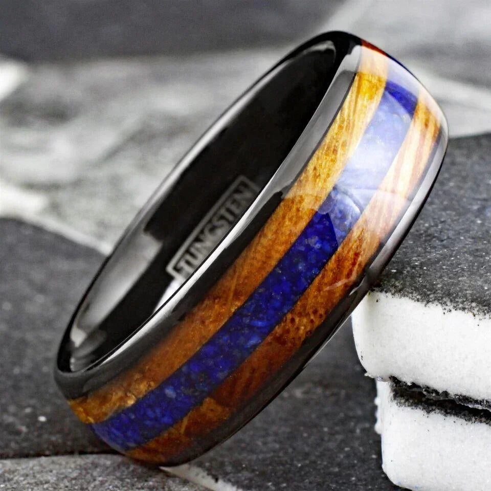 Men's Wedding Band Ring - Black Blue Lapis Lazuli & Whiskey Barrel - Wedding Rings for Men and Women - Jewelry Store by Erik Rayo