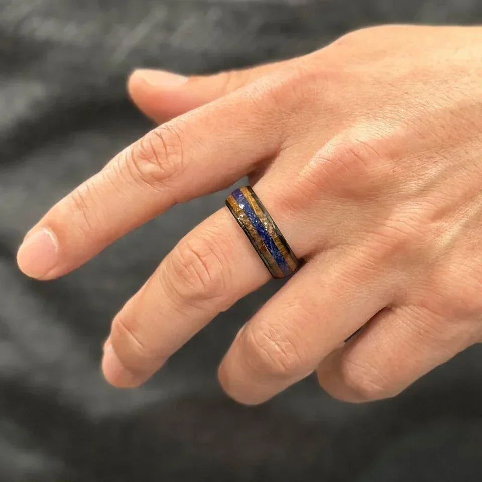 Men's Wedding Band Ring - Black Blue Lapis Lazuli & Whiskey Barrel - Wedding Rings for Men and Women - Jewelry Store by Erik Rayo